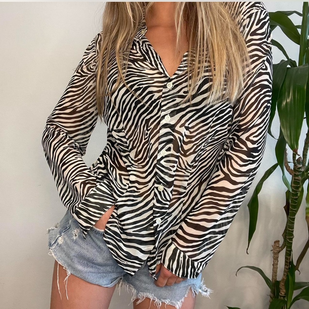 DKNY Jeans Vintage Zebra Print Button Down Blouse